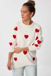 Happiness İstanbul Women's Burgundy Heart Textured Oversize Knitwear Sweater - Image 3