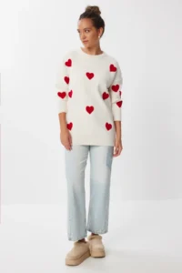 Happiness İstanbul Women's Burgundy Heart Textured Oversize Knitwear Sweater - Image 4