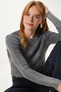 Happiness İstanbul Women's Anthracite Washed Corded Knitted Crop Blouse