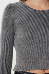 Happiness İstanbul Women's Anthracite Washed Corded Knitted Crop Blouse - Image 3