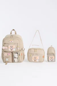 Roxbros Kawaii Korean Style Set of 3 Kids Primary School Bag with Pen Holder Lunch Bag Backpack with Accessories