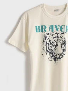 LCW Kids Ecru Crew Neck Printed Short Sleeve Boys' T-Shirt - Image 3