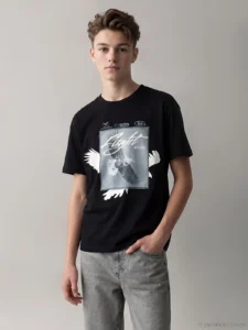 LCW Kids Black Crew Neck Printed Boys' T-Shirt