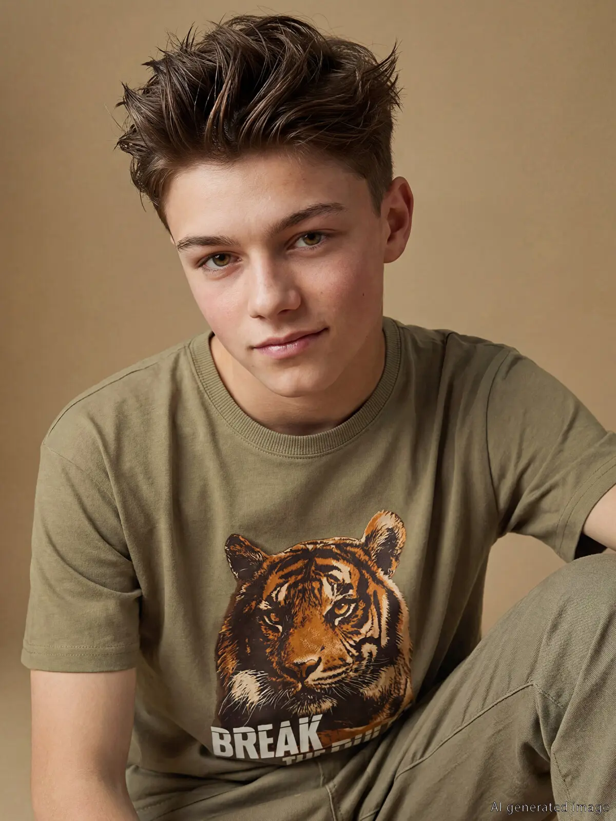 S6AN31Z4-GXF_1 LCW Kids Khaki Crew Neck Printed Boys' T-Shirt - Image 1