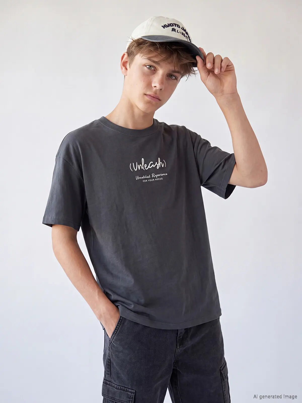 S6BU10Z4-R4Q_1 LCW Kids Anthracite Text Printed Boys' T-Shirt - Image 1