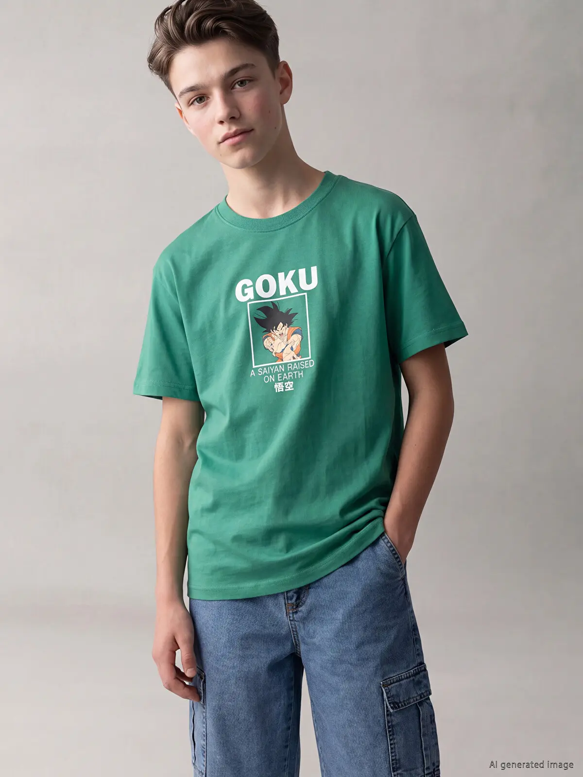 S6D002Z4-GRE_1 LCW Kids Green Crew Neck Dragon Ball Printed Boys' T-Shirt - Image 1