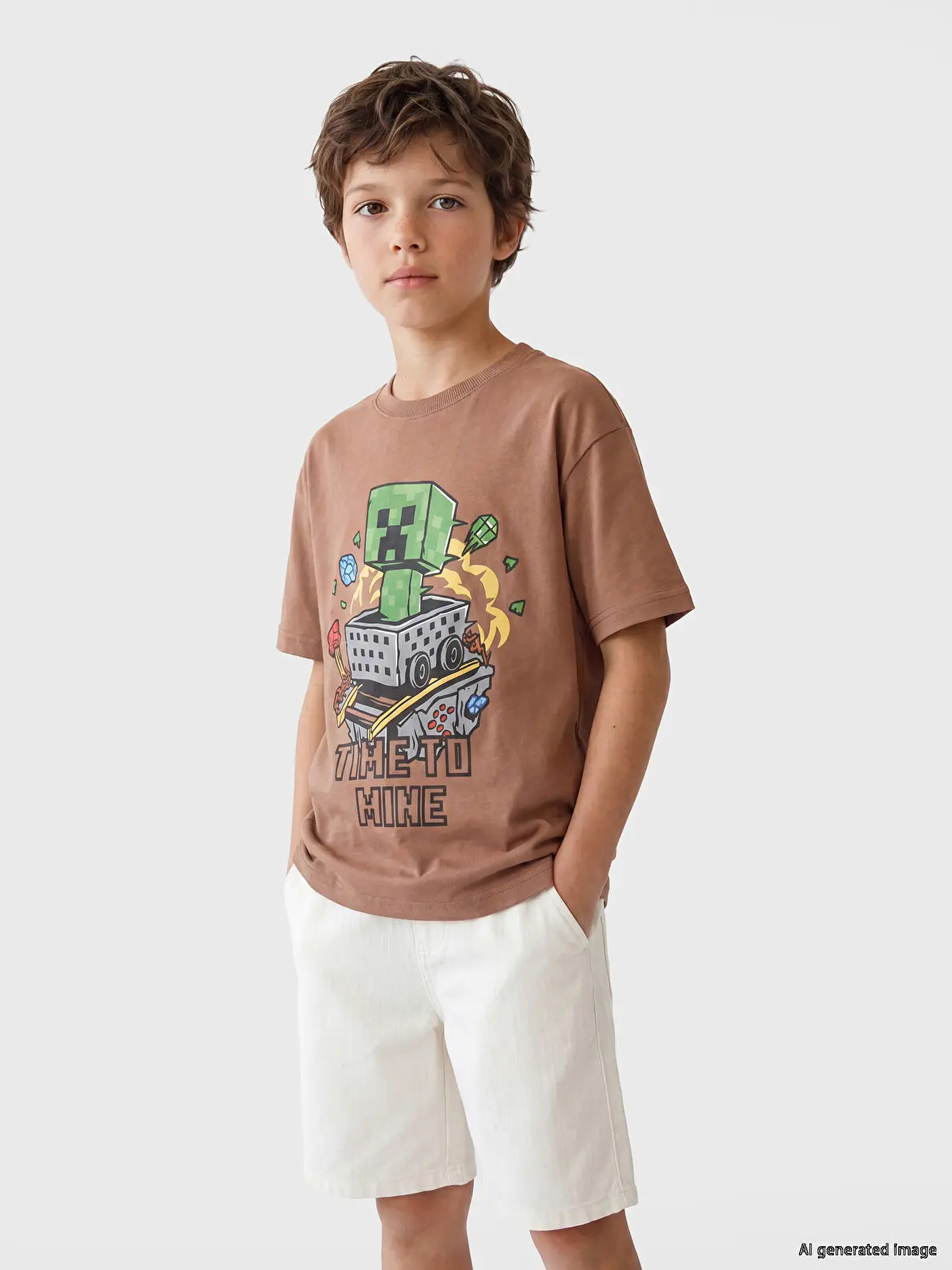 S6DU82Z4-GVW_1 LCW Kids Brown Minecraft Printed Boys' T-Shirt - Image 1