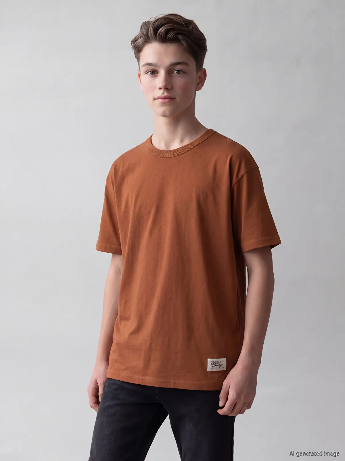S6E552Z4-H0L_1 LCW Kids Brown Crew Neck Short Sleeve Boys' T-Shirt - Image 1