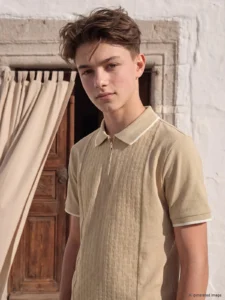 LCW Kids Beige Polo Shirt Collar textured Boys' T-Shirt