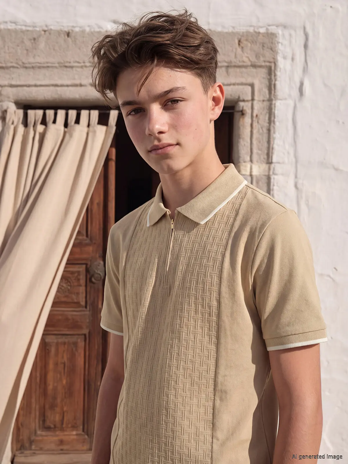S6EE07Z4-GHQ_1 LCW Kids Beige Polo Shirt Collar textured Boys' T-Shirt - Image 1