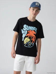 LCW Kids Black Crew Neck Printed Boys' T-Shirt