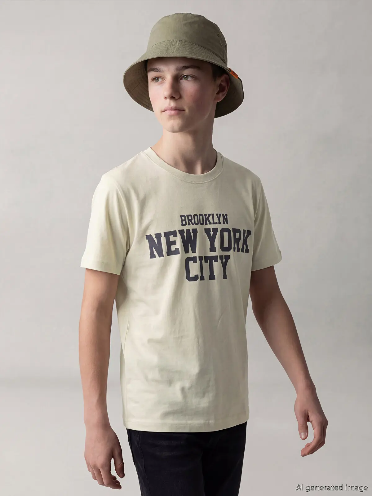 S6EE14Z4-FT0_1 LCW Kids Beige Crew Neck New York Printed Boys' T-Shirt - Image 1