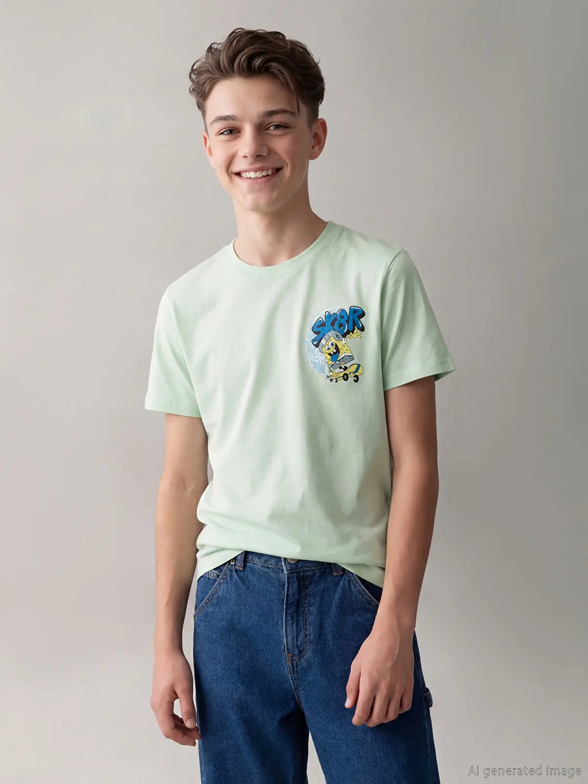 S6EL42Z4-FVR_1 LCW Kids Green SpongeBob Printed Boys' T-Shirt - Image 1