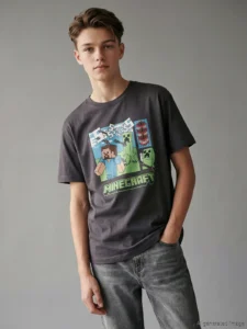 LCW Kids Anthracite Crew Neck Minecraft Printed Boys' T-Shirt