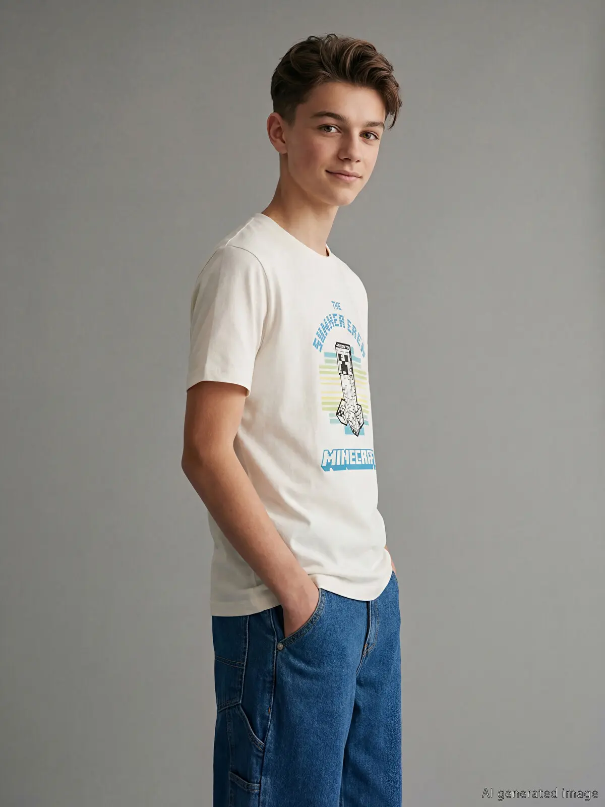 S6EL44Z4-FEG_1 LCW Kids Ecru Crew Neck Minecraft Printed Boys' T-Shirt - Image 1