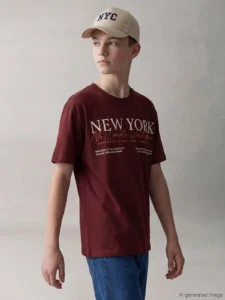LCW Kids Burgundy Boys' Crew Neck New York Printed T-Shirt