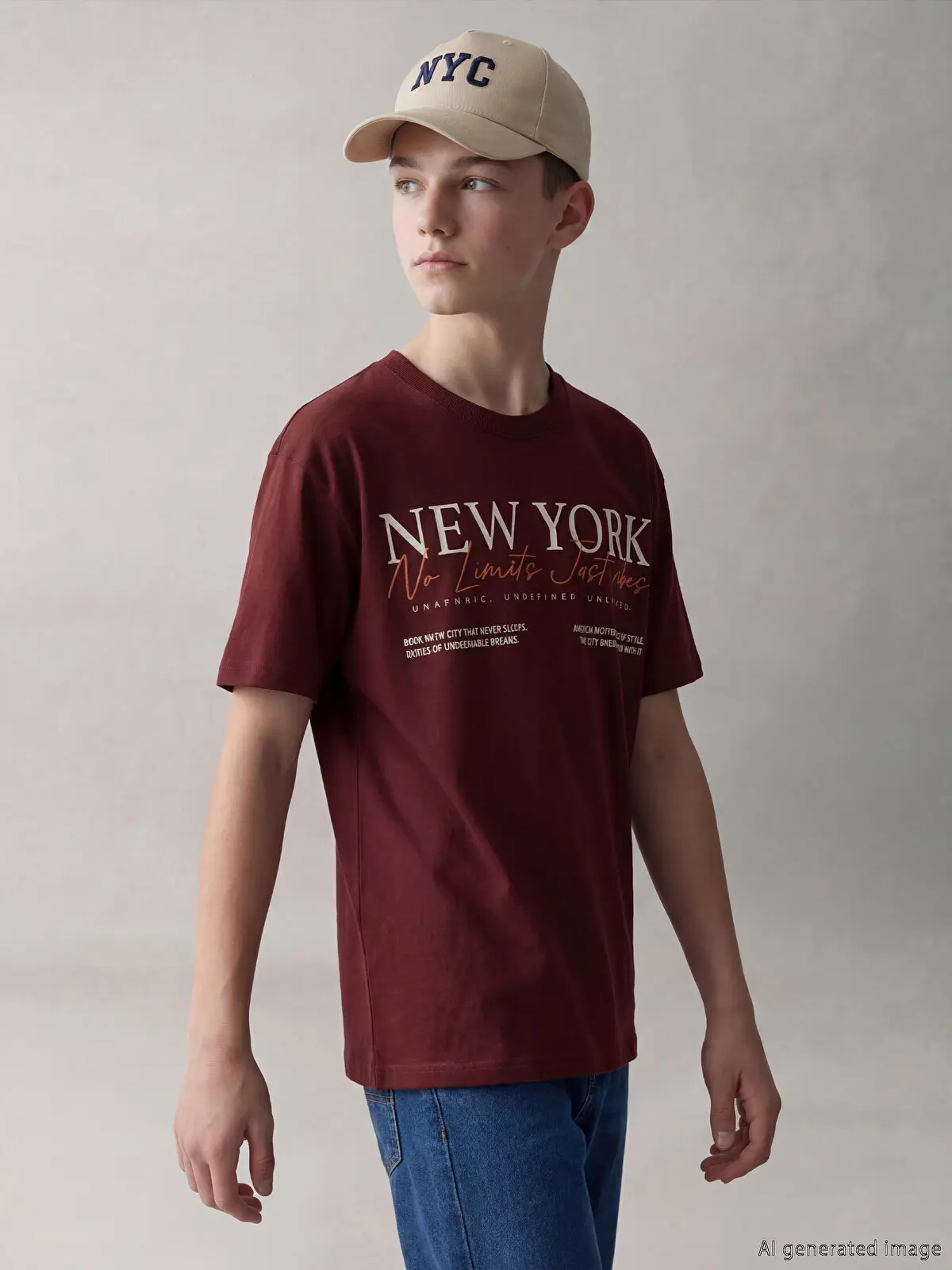 S6KF95Z4-3E8_1 LCW Kids Burgundy Boys' Crew Neck New York Printed T-Shirt - Image 1