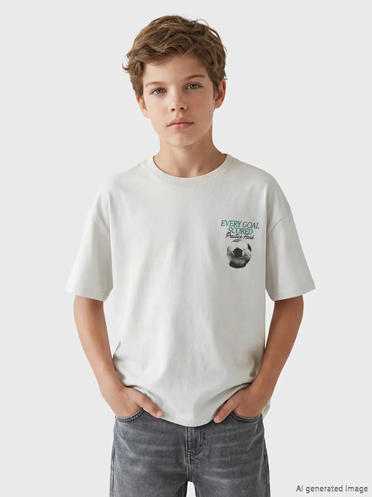 S6KG00Z4-ZAK_1 LCW Kids Beige Crew Neck Printed Boys' T-Shirt - Image 1