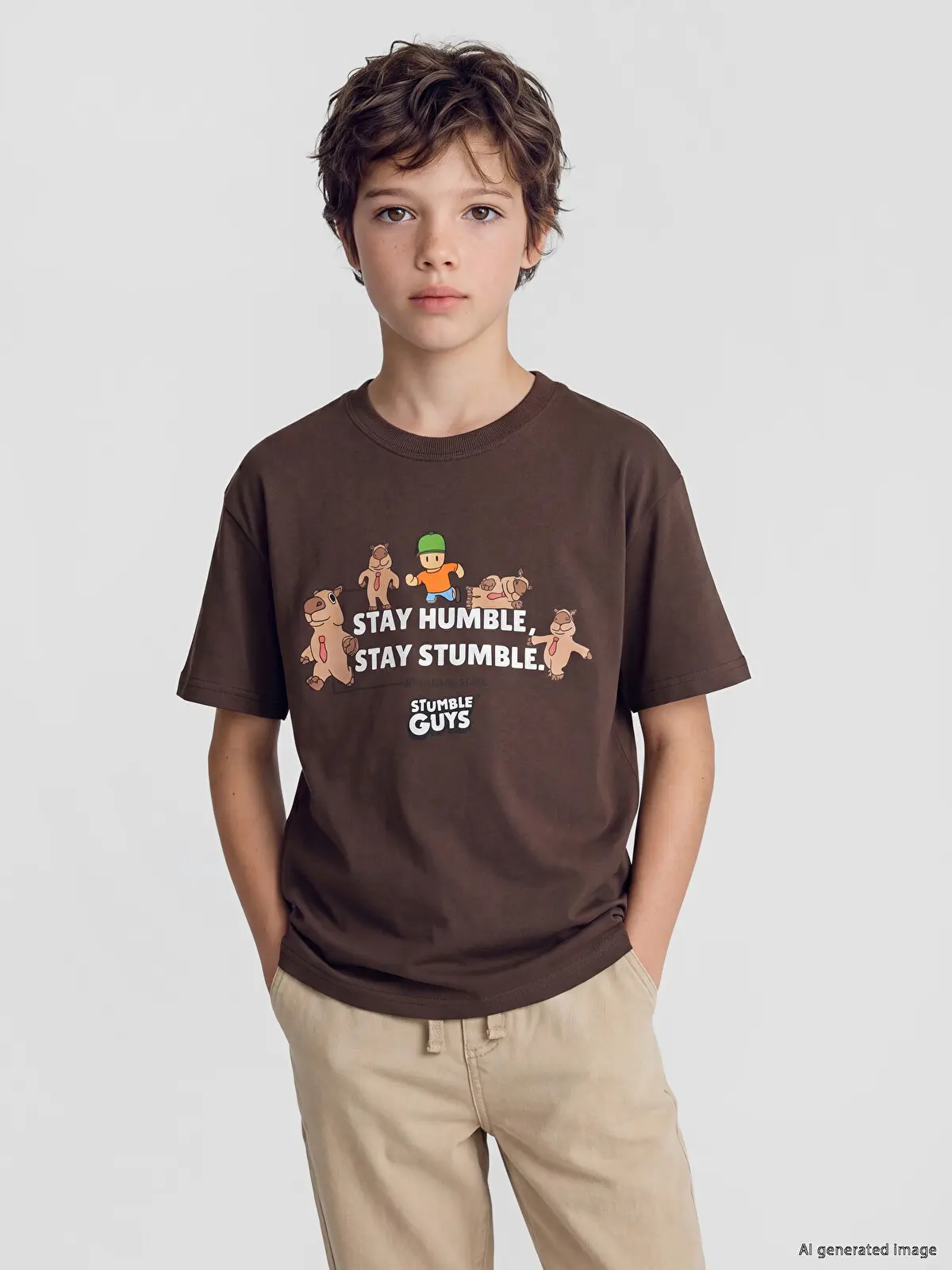 S6N960Z4-Z7U_1 LCW Kids Brown Crew Neck Stumble Guys Printed Boys' T-Shirt - Image 1