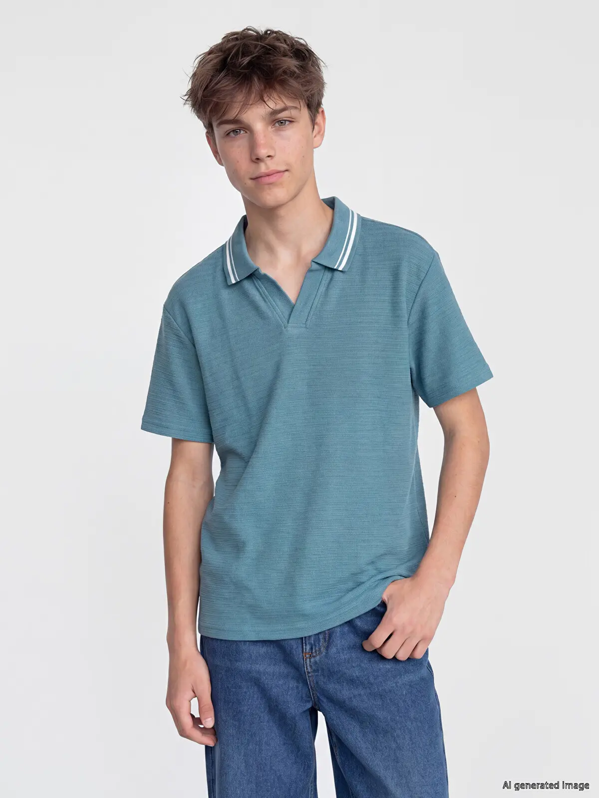 S6NS25Z4-R2F_1 LCW Kids Indigo Polo Shirt Collar Stripe Detailed Boys' T-Shirt - Image 1