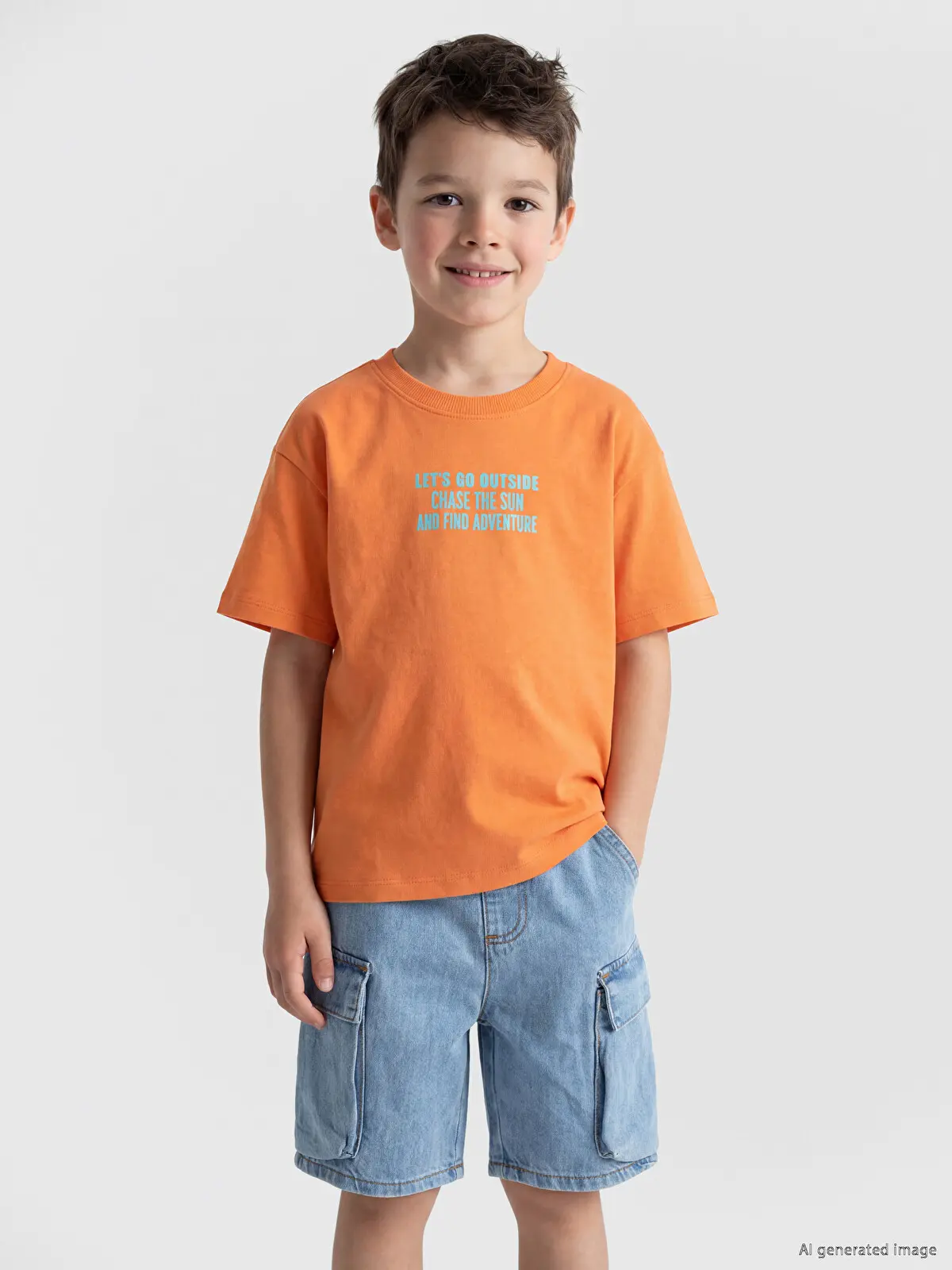 S6QT60Z1-GBU_1 LCW Kids Orange Slogan Printed Boys' T-Shirt - Image 1