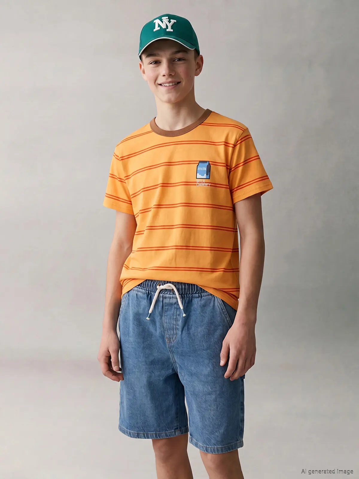 S6T507Z4-LSR_1 LCW Kids Orange Crew Neck Striped Boys' T-Shirt - Image 1