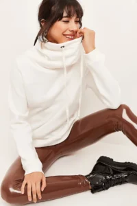 Olalook Women's Ecru Long Turtleneck Soft Textured Thick Sweatshirt