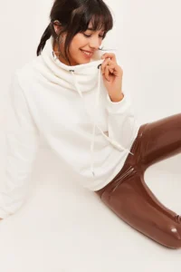 Olalook Women's Ecru Long Turtleneck Soft Textured Thick Sweatshirt - Image 2