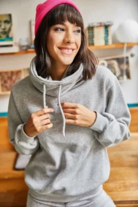 Olalook Women's Gray Long Neck Soft Textured Thick Sweatshirt
