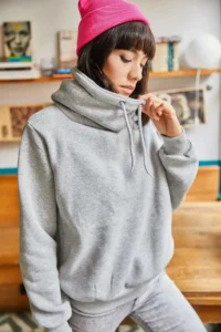 Olalook Women's Gray Long Neck Soft Textured Thick Sweatshirt - Image 3