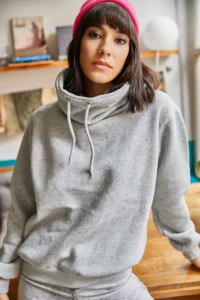 Olalook Women's Gray Long Neck Soft Textured Thick Sweatshirt - Image 4