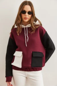 Olalook Women's Claret Red Color Blocked Fleece Sweatshirt