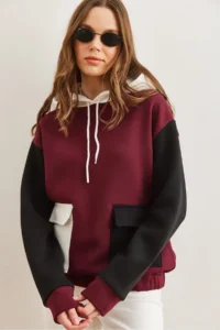 Olalook Women's Claret Red Color Blocked Fleece Sweatshirt - Image 2