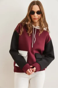 Olalook Women's Claret Red Color Blocked Fleece Sweatshirt - Image 3