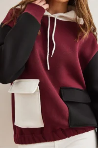 Olalook Women's Claret Red Color Blocked Fleece Sweatshirt - Image 4