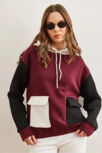 Olalook Women's Claret Red Color Blocked Fleece Sweatshirt - Image 5