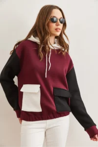Olalook Women's Claret Red Color Blocked Fleece Sweatshirt - Image 6