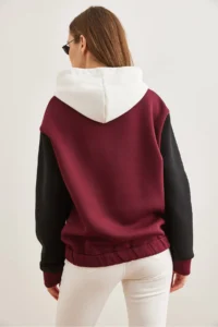 Olalook Women's Claret Red Color Blocked Fleece Sweatshirt - Image 7