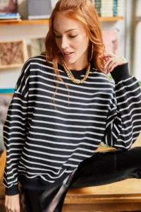 Olalook Women's Black and White Striped Basic Soft Textured Loose Sweatshirt