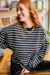 Olalook Women's Black and White Striped Basic Soft Textured Loose Sweatshirt - Image 3