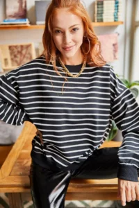 Olalook Women's Black and White Striped Basic Soft Textured Loose Sweatshirt - Image 4