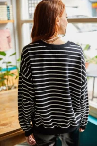 Olalook Women's Black and White Striped Basic Soft Textured Loose Sweatshirt - Image 5