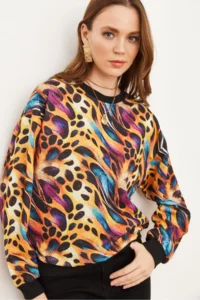 Olalook Women's Colorful Leopard Basic Soft Textured Loose Sweatshirt - Image 3