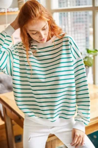 Olalook Women's Ecru Green Striped Basic Soft Textured Loose Sweatshirt - Image 2