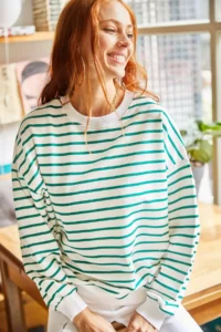 Olalook Women's Ecru Green Striped Basic Soft Textured Loose Sweatshirt - Image 3