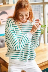 Olalook Women's Ecru Green Striped Basic Soft Textured Loose Sweatshirt - Image 4