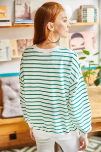 Olalook Women's Ecru Green Striped Basic Soft Textured Loose Sweatshirt - Image 5