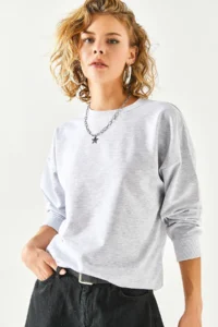 Olalook Women's Gray Melange Basic Soft Textured Loose Sweatshirt