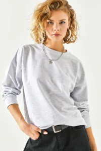 Olalook Women's Gray Melange Basic Soft Textured Loose Sweatshirt - Image 2