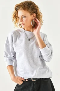 Olalook Women's Gray Melange Basic Soft Textured Loose Sweatshirt - Image 3